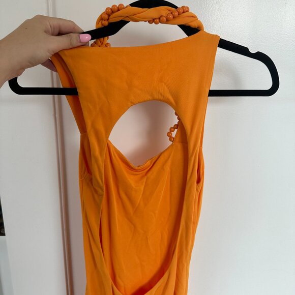 Helmut Lang Twist Maxi Dress Bead Embellished Square Neckline Orange - Picture 10 of 11